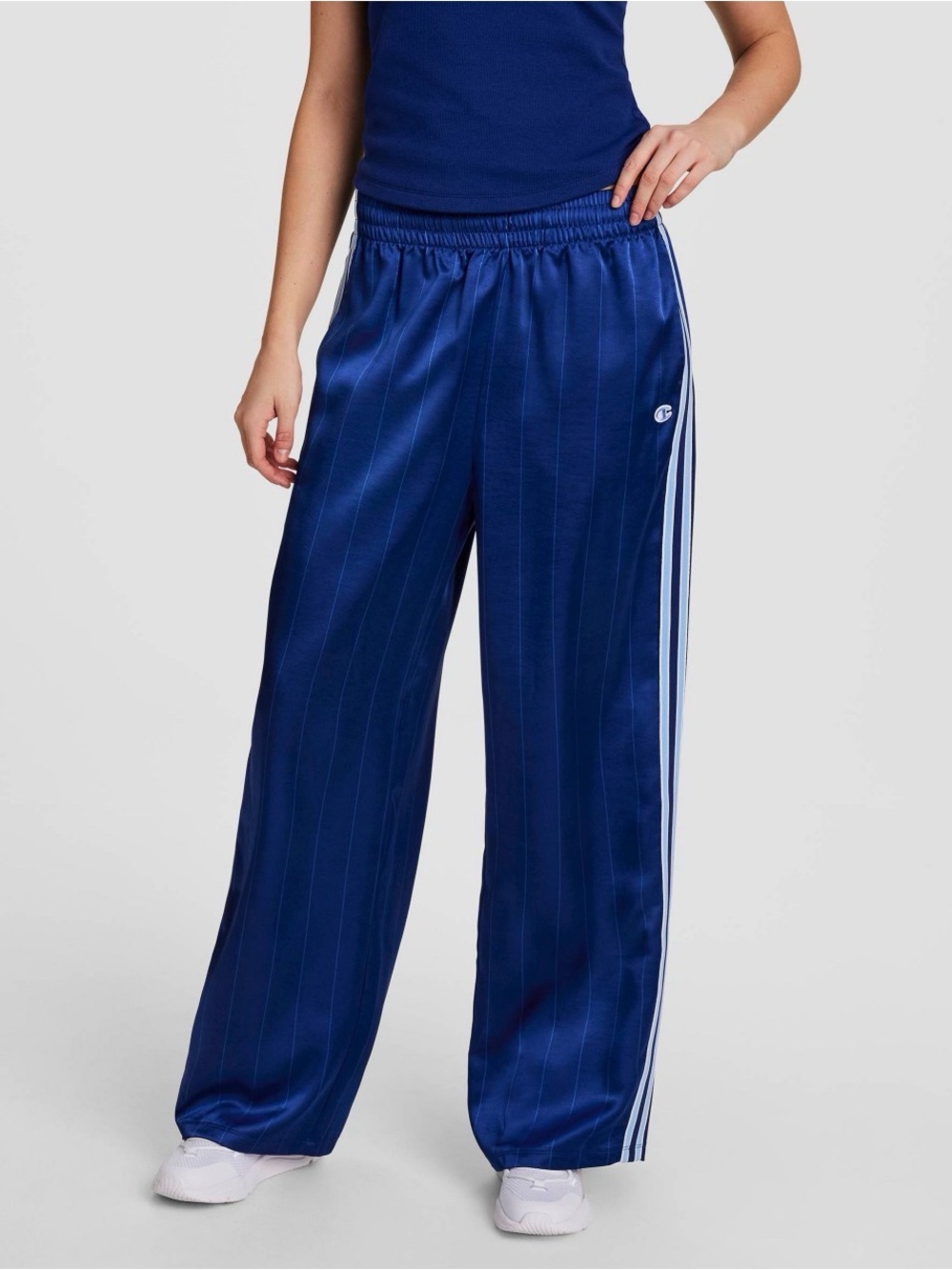 Champion Satin Game Set Match Pants in Royal Blue with White Stripe